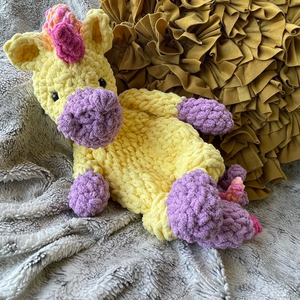 Yellow and Purple Plush Unicorn Toy Crochet Handmade Lovey